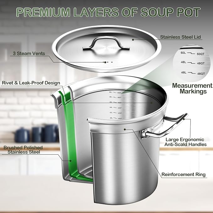 Stainless Steel Stock Pot, 50 QT Large Stock Pot - Image 3