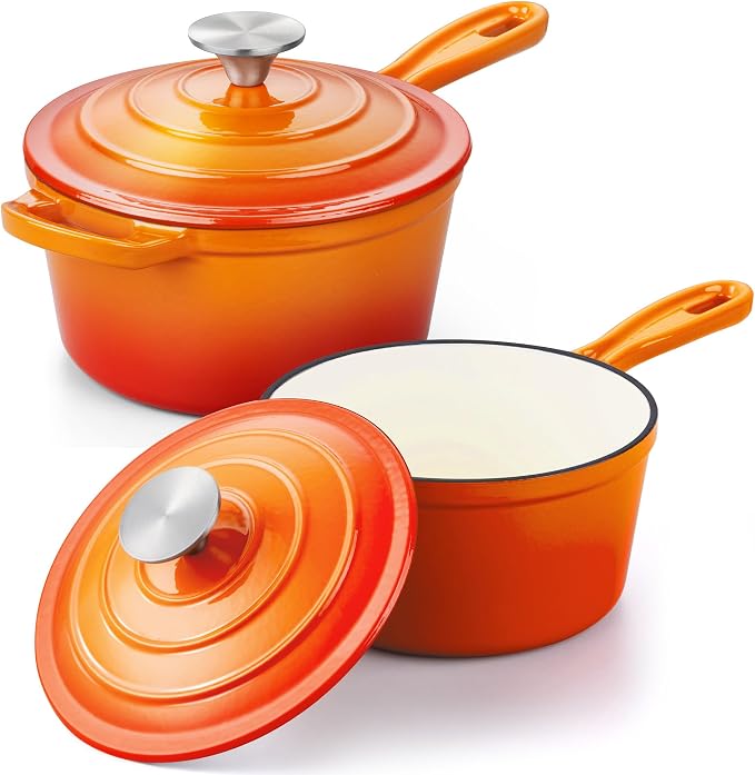 Enameled Cast Iron Sauce Pan, Leonyo 1 Qt & 2 Qt Saucepan Set, Cast Iron Dutch by Leonyo