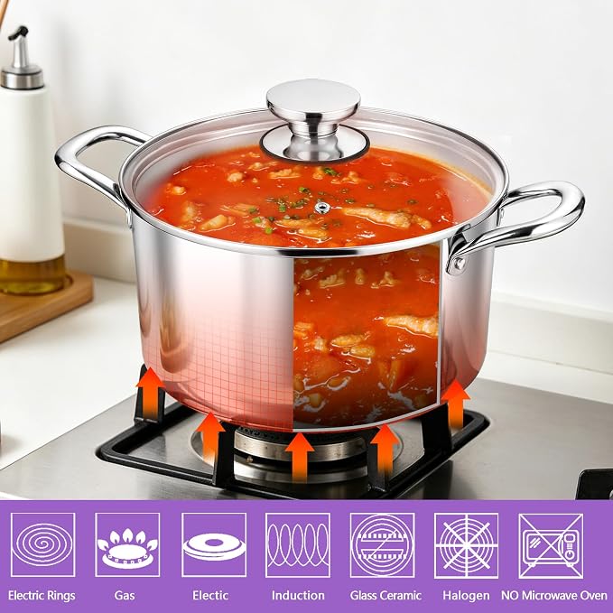 P&P CHEF 5 Quart Tri-Ply Stainless Steel Stock Pot, 5 Qt Stockpot Pasta Cooking - Image 5