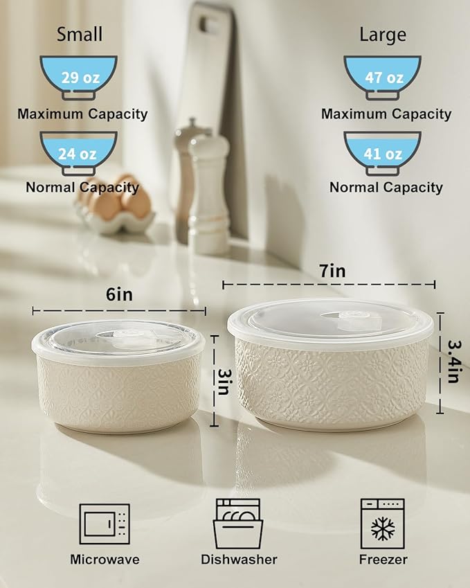 Metahom Ceramic Bowls with Lids Set of 2, Nesting Bowls - Image 2