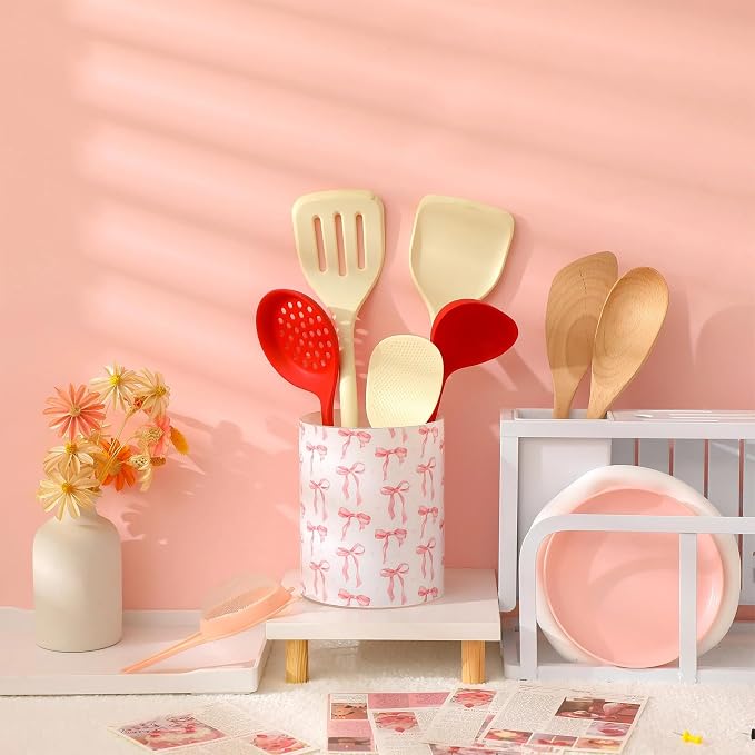 WILLBOND Pink Bow Utensil Holder Coquette Acrylic Kitchen Decor Cooking Utensil - Image 4