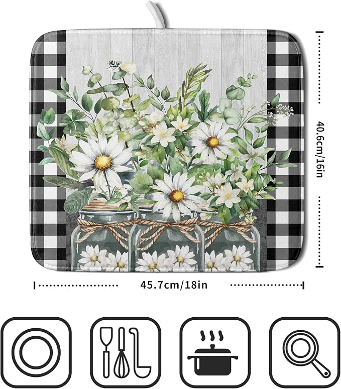 Spring Summer White Daisy Flowers Dish Drying Mat - Image 2