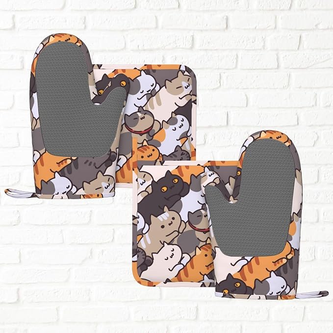 Fun Cat Cartoon Animal Face Oven Mitts and Pot Holders Set of 4 Silicone Heat - Image 5