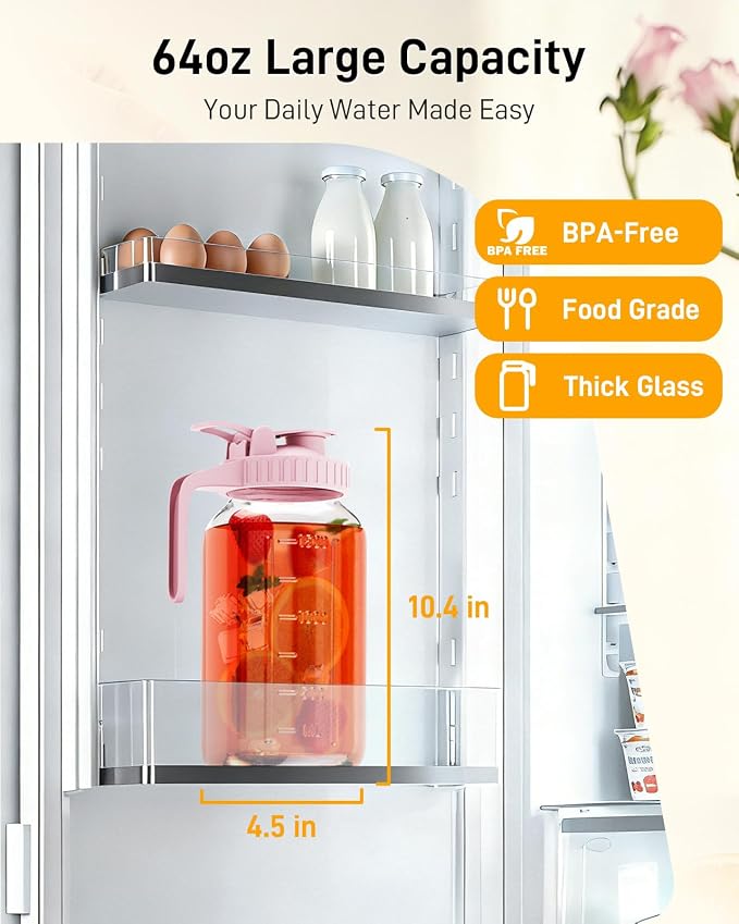 64 oz Glass Pitcher with Lid, Large Wide Mouth Mason Jar with Pour Spout - Image 2