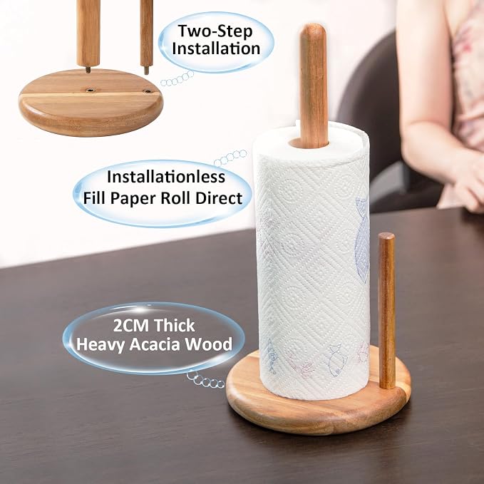 14" Acacia Wooden Paper Towel Holder, 6.7" Large Heavy Base Wooden Kitchen - Image 3