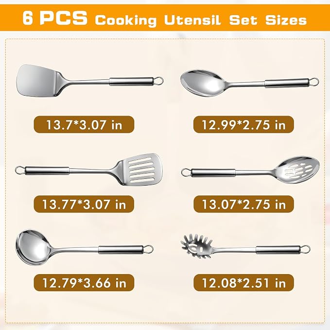 6 Pcs Cooking Utensils Set, Stainless Steel Kitchen Utensils, Heat Resistant - Image 7