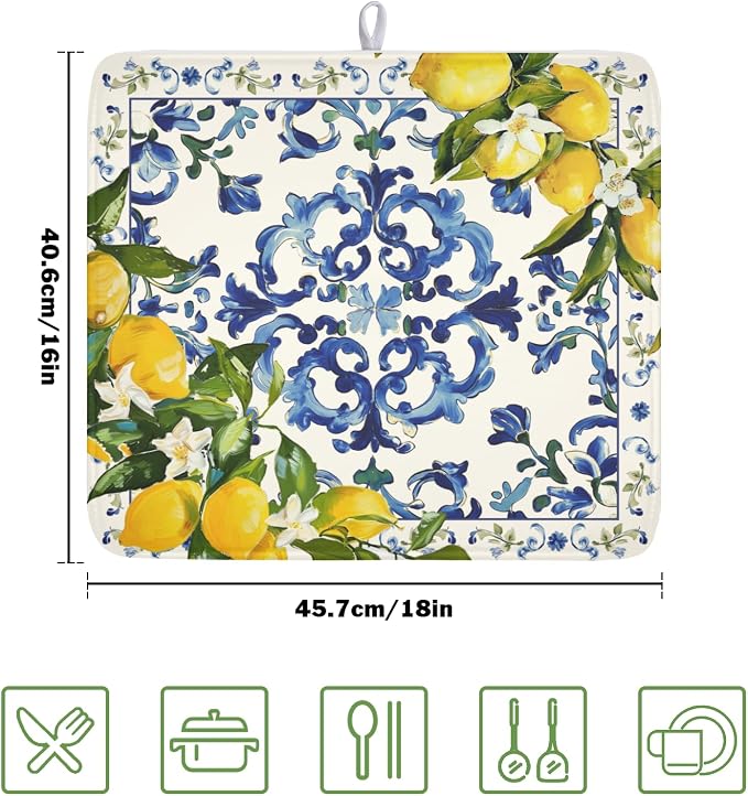 Lemon Dish Drying Mat 18x16 Inch, Italian Olive Tree Dish Drainer Mats Summer - Image 2