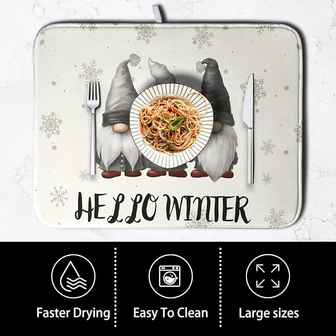 Winter Gnome Dish Drying Mat for Kitchen Counter 18x24 Christmas Snowflakes - Image 4