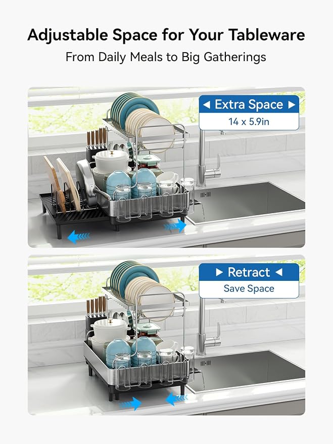 SUNLY 2 Tier Dish Drying Rack, Extra Large Dish Rack, Expandable Dish Racks - Image 3