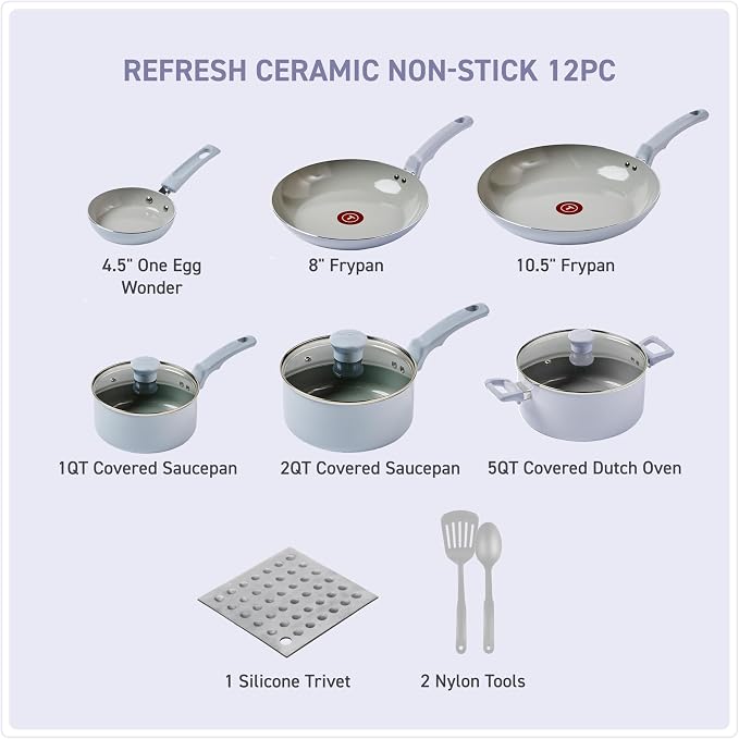 T-Fal Refresh Ceramic Nonstick Cookware Set, 12-Piece Nonstick Cookware - Image 2