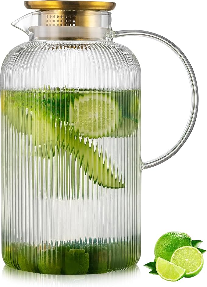 Buaic Glass Pitcher with Lid, 100 oz/ 3 Liter Classic Vertical Stripes Water by Buaic