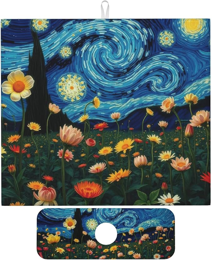 Starry Night Flowers Dish Drying Mat by Unknown