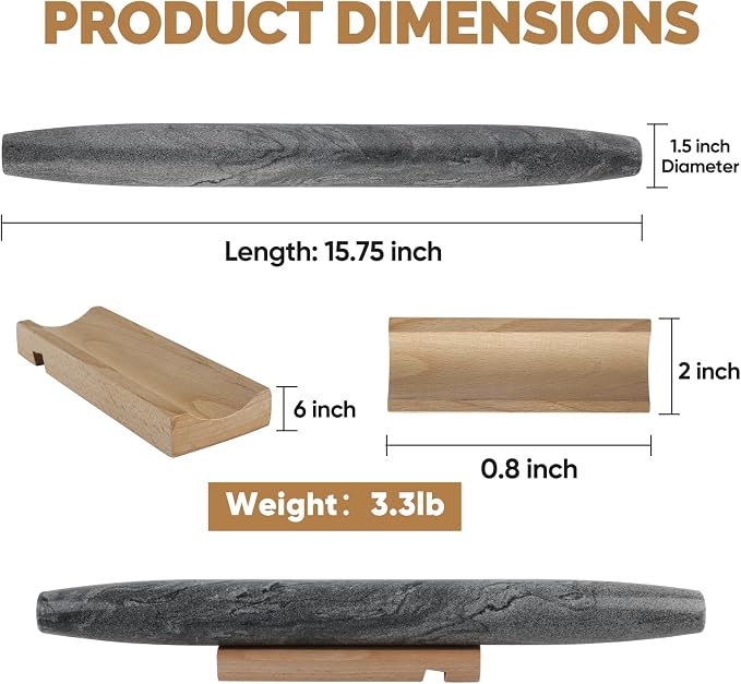 Koville African Natural Marble French Rolling Pin, 16inch Non-Stick Rolling Pin - Image 2