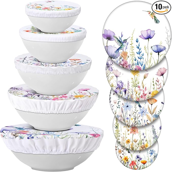 Patelai 10 Pcs Bowl Covers Reusable in 5 Size Stretch Cloth Fabric Elastic Food by Patelai
