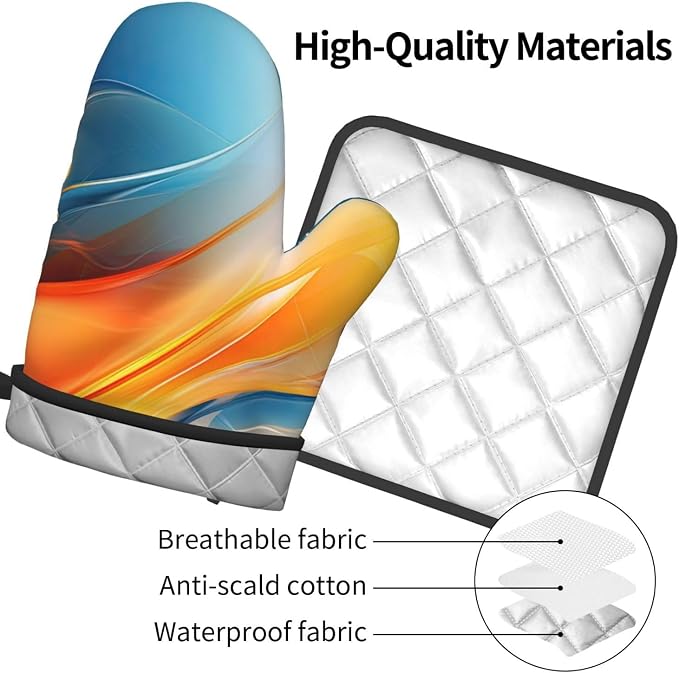 Burnt Orange Blue Abstract Fluid Oven Mitts and Pot Holders Sets of 3, Heat - Image 9