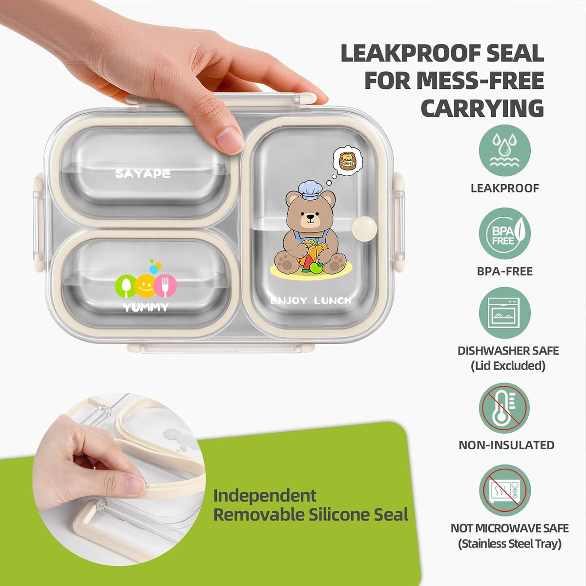 Stainless Steel Bento Lunch Box for Kids, 26.4 oz Leak-Proof