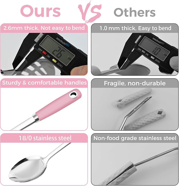 14-in Pink Cooking Spoons Set, Heavy Duty 18/0 Stainless Steel Large Serving - Image 2