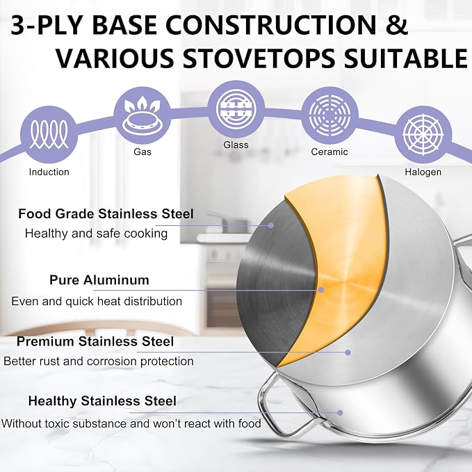 TeamFar Stainless Steel Stock Pot, 14QT Tri-ply Bottom Stockpot Large Cooking - Image 6