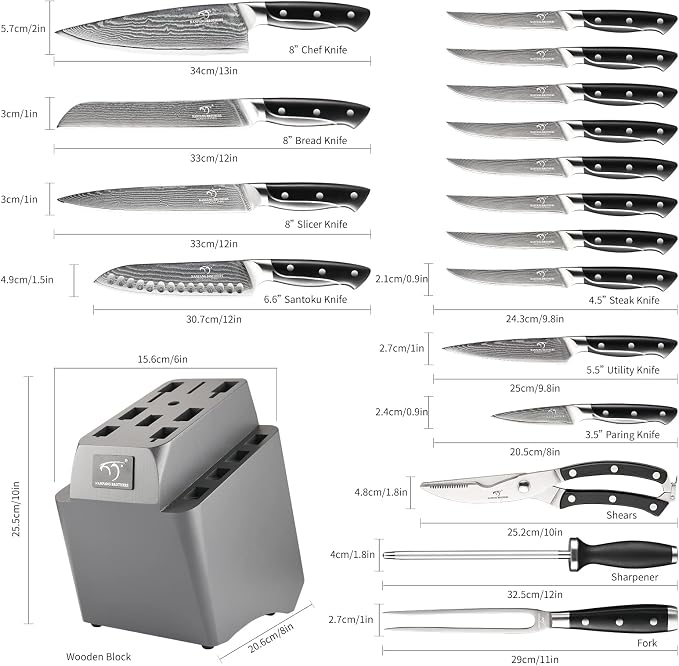 18 Pieces Damascus Kitchen Knife Set, 8 Piece Steak Knives, Non-slip ABS - Image 2