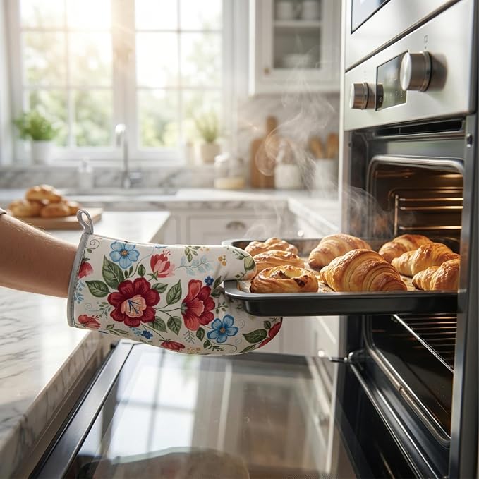 Floral Oven Mitts and Pot Holders Sets 2 Pcs, Canvas Heat Resistant Kitchen - Image 5