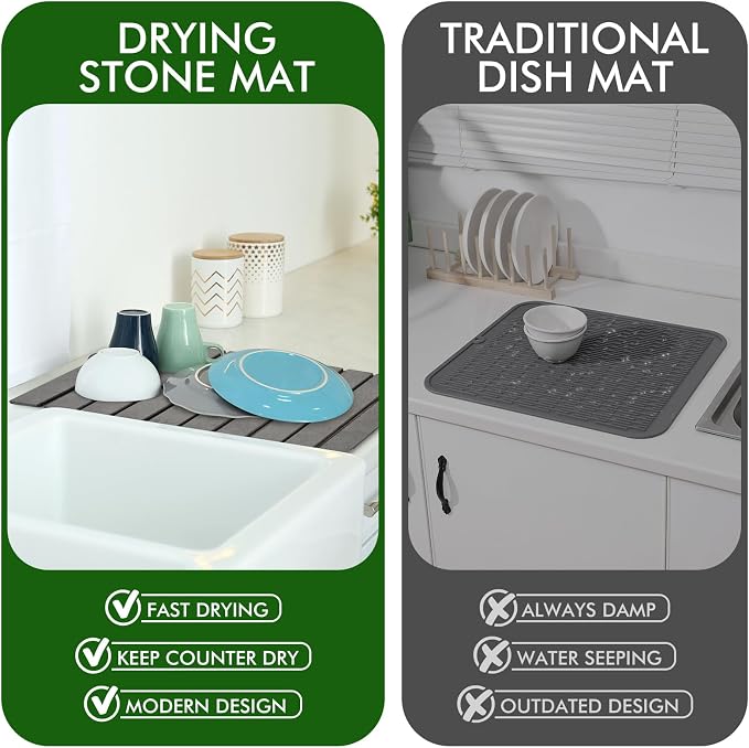 Oxydrily Stone Dish Drying Mat for Kitchen Counter, Large Dark Gray Foldable - Image 6