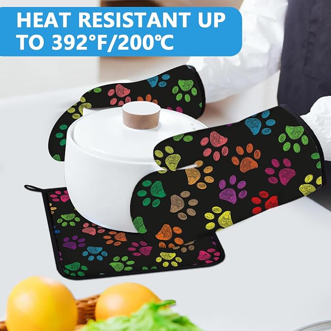 Colorful Paw Print Oven Mitts and Pot Holders Sets Heat Resistant 4Pcs - Image 5