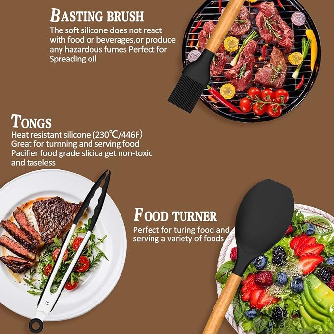 Umite Chef Kitchen Cooking Utensils Set, Wooden Handle Silicone Kitchen Gadgets - Image 5