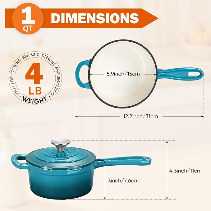 Homikit Cast Iron Sauce Pan, 1 Quart Enameled Cast Iron Saucepan - Image 2