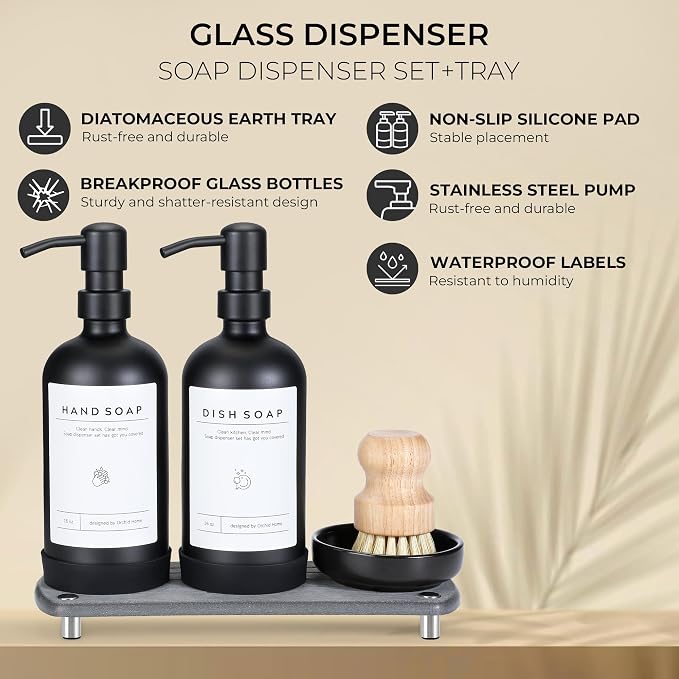 Kitchen Soap Dispenser Set - 16OZ Black Glass Bottle - Image 2