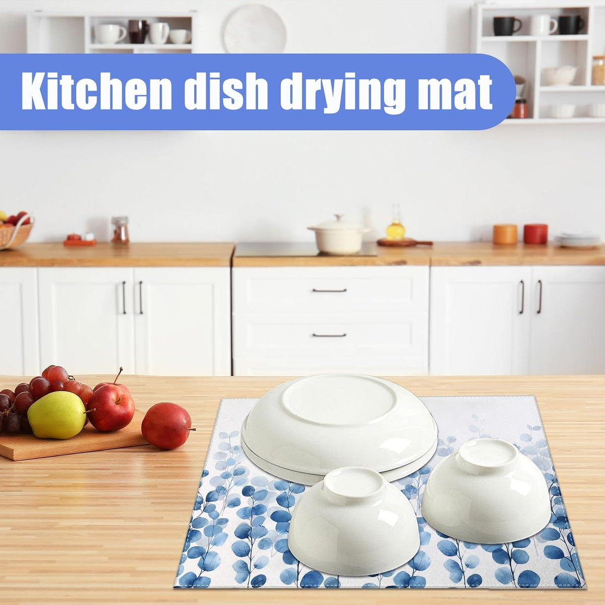 Blue Eucalyptus Leaves Dish Drying Mat for Kitchen Counter Drying Pad