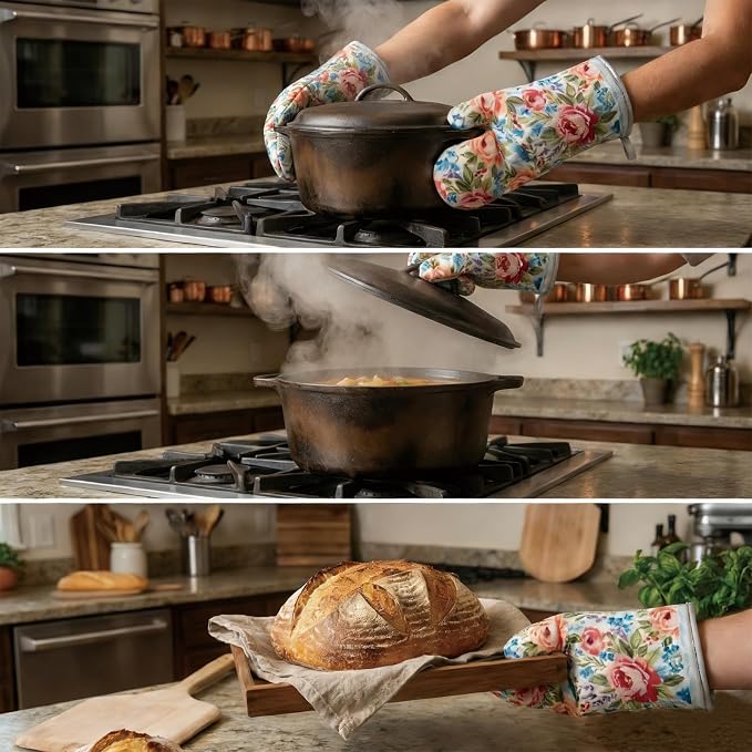 Floral Oven Mitts and Pot Holders Sets 2 Pcs, Canvas Heat Resistant Kitchen - Image 7
