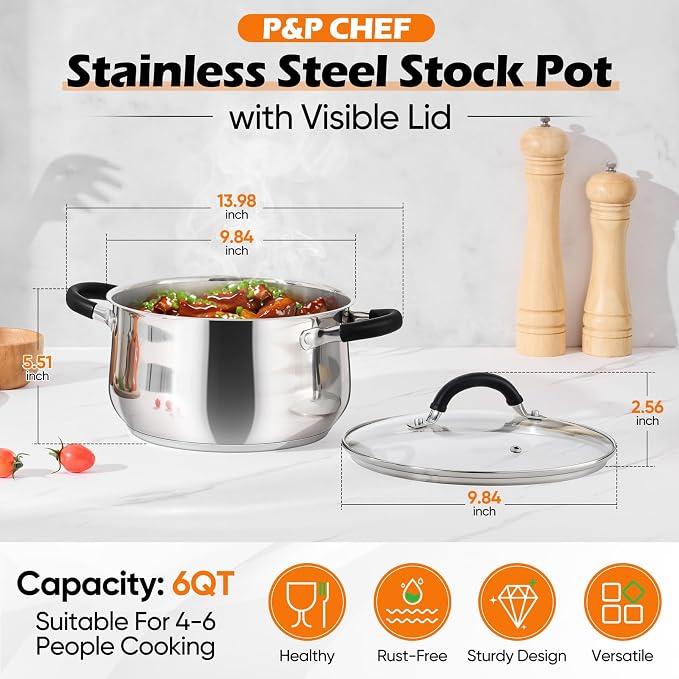 P&P CHEF Stainless Steel Stock Pot, 6 Qt Cooking Soup Pot - Image 2
