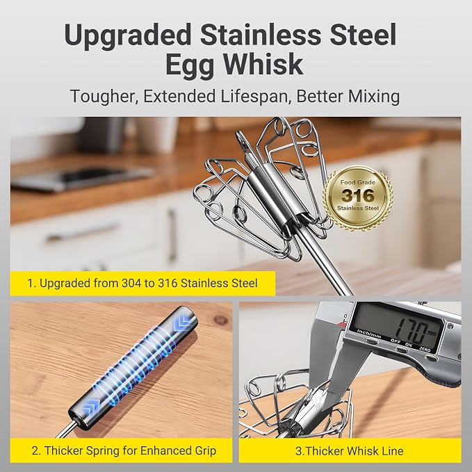 Egg Whisk, Upgraded Stainless Steel Semi Automatic Whisk, Hand Wisk Egg Beater - Image 2