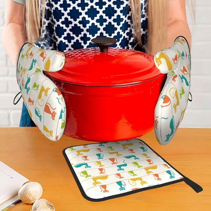 Mid Century Modern Cats Oven Mitts and Pot Holders Set Heat Resistant Cute Oven - Image 7
