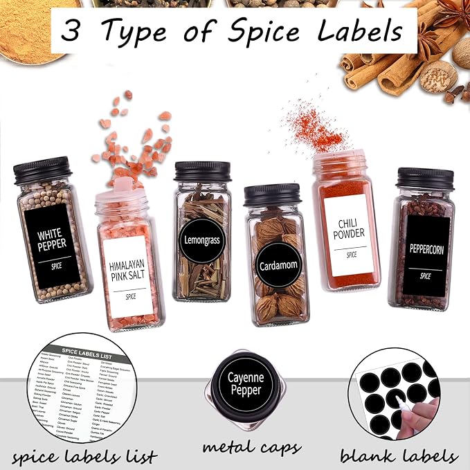 Churboro 48 Spice Jars with 547 Labels- Glass Spice Jars with Black Metal Caps - Image 2