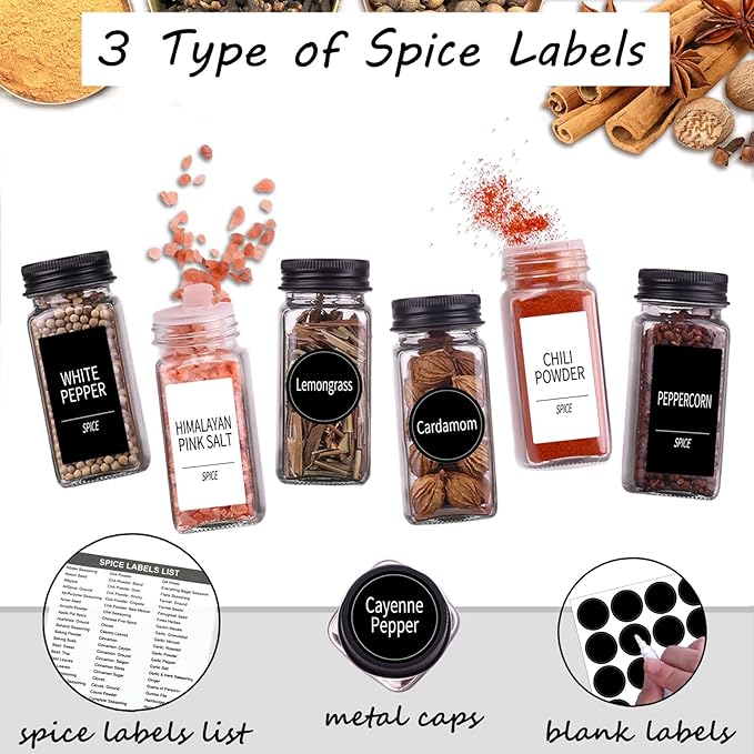 Churboro 66 Spice Jars with 547 Labels- Glass Spice Jars with Black Metal Caps - Image 2