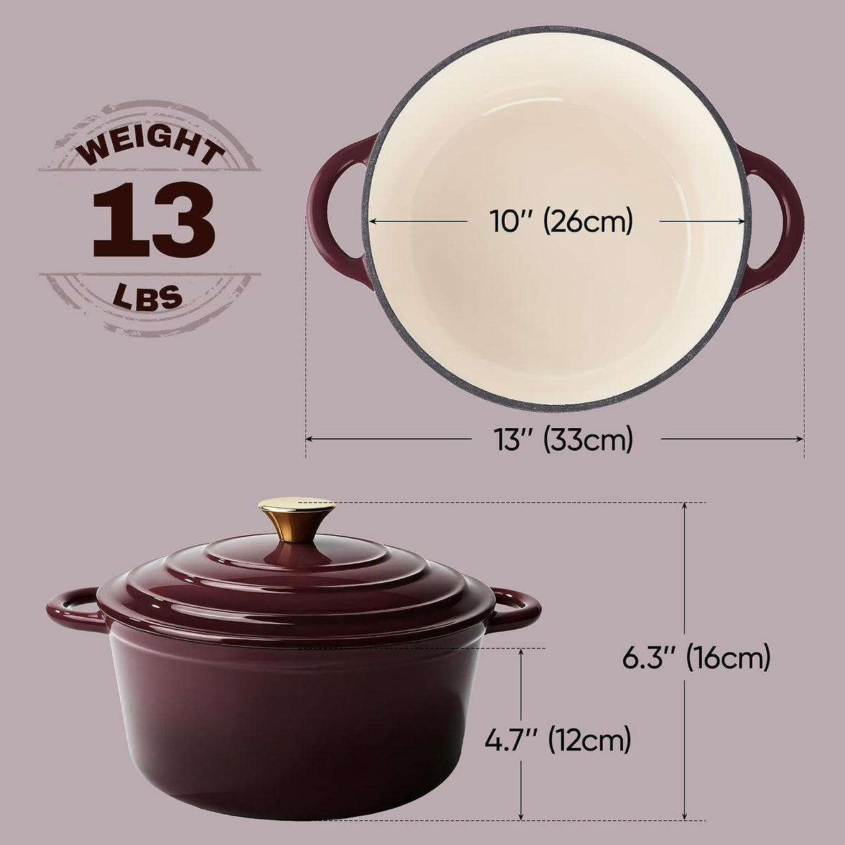 Vintage Style 6 Quart Dutch Oven Pot with Lid, Non Stick Enameled Cast