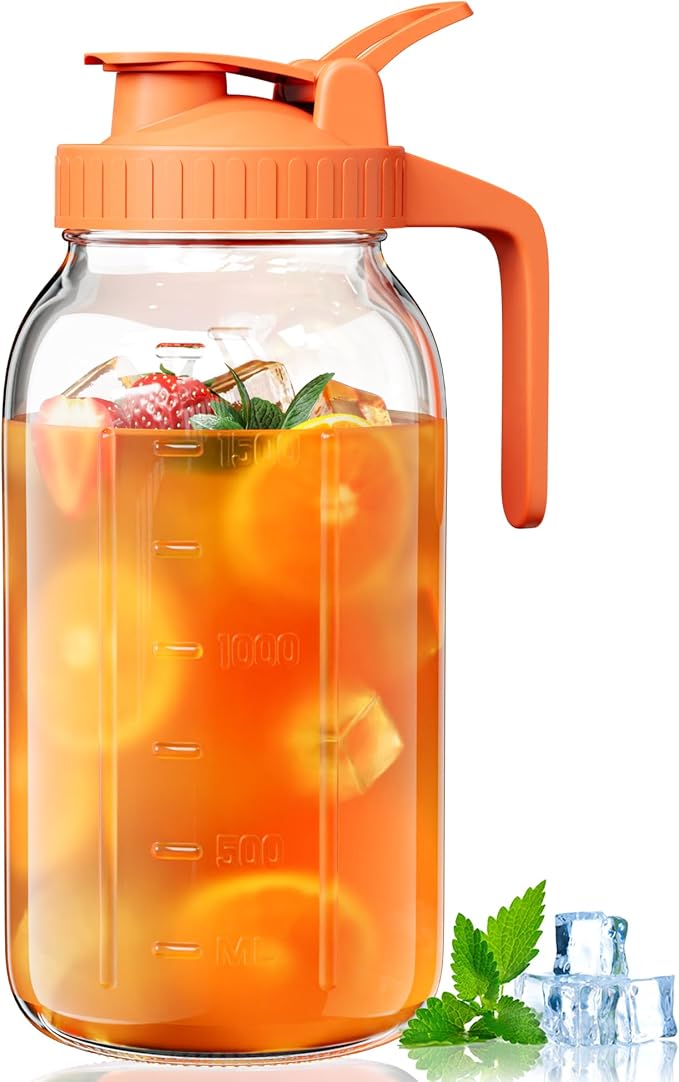 Glass Pitcher with Airtight Lid and Spout, 64oz Mason Jar Pitcher by VA1KENE