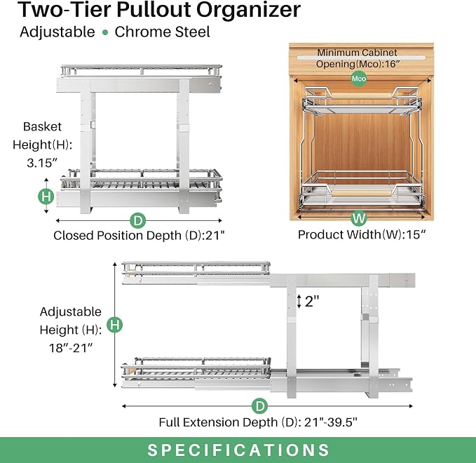 Pull out Cabinet Organizer, 2 Tiers 15"W X 21"D, Heavy Duty Smooth Sliding - Image 4