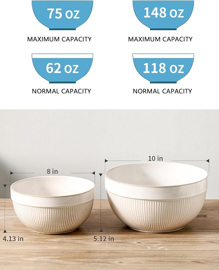Ceramic Large Glazed White Stripe Mixing Bowls - Image 2