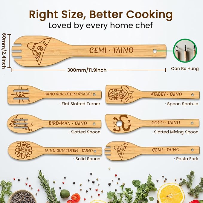 CUTHOLLOW 6PCS Taino Element Wooden Kitchen Cooking Utensil Set, 11.9in Non - Image 2