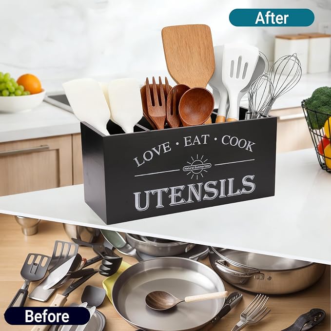 2 PC Wooden Utensil Holder, （With 4-Compartments size*1 + 3-Compartments - Image 3