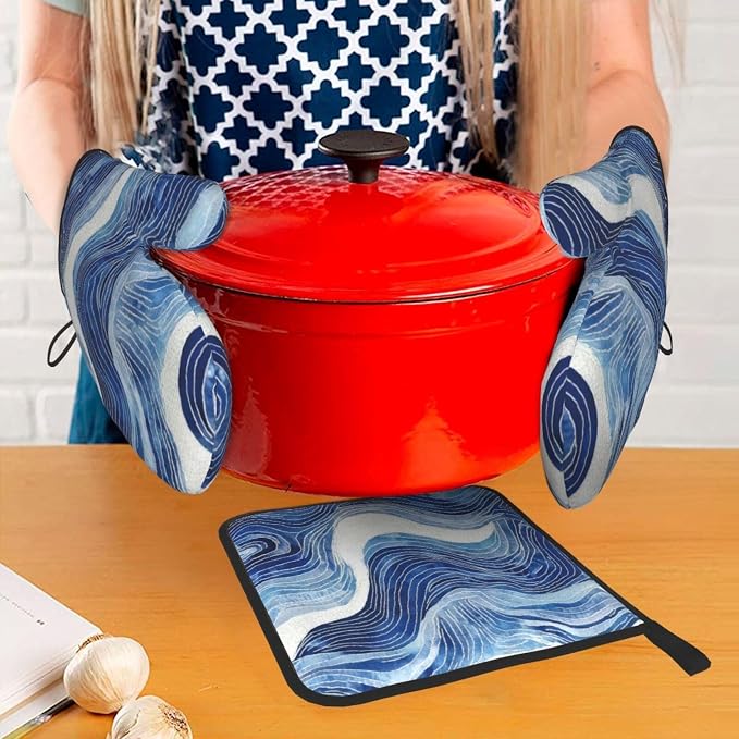 Blue and White Ocean Wave Oven Mitts and Pot Holders Sets of 3, Heat Resistant - Image 3