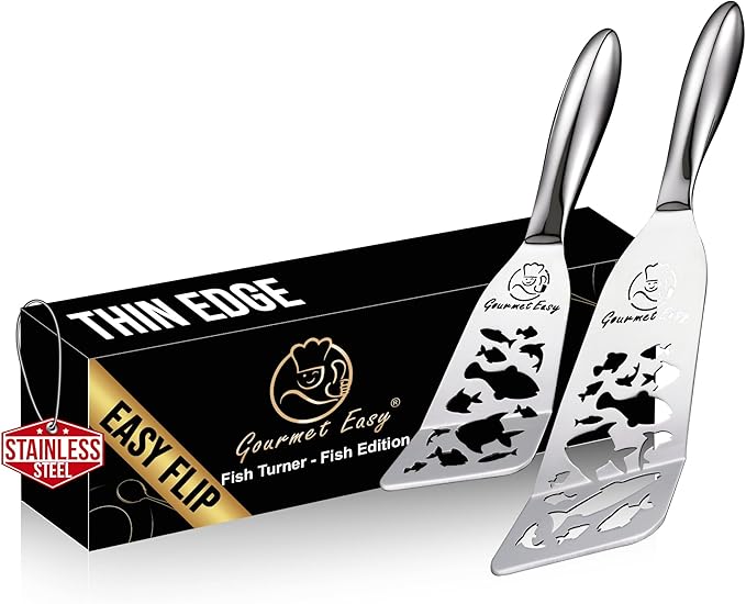 Stainless Steel Fish Spatula Set – Funky Fish Edition, 1 Large Fish Turner + 1 by GourmetEasy