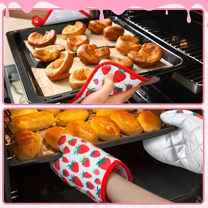 4 Pcs Oven Mitts and Pot Holders Cute Strawberry Oven Gloves and Pot Holders - Image 6