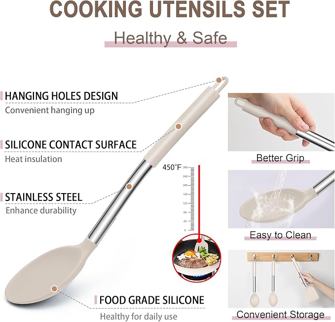E-far Silicone Cooking Utensils Set, 14-Piece Khaki Kitchen Utensils Set - Image 5