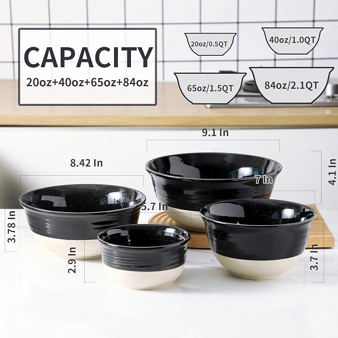 HASENSE Nesting Ceramic Mixing Bowls Set of 4, 2.5/1.5/1.0/0.5 Qt Black & Beige - Image 2
