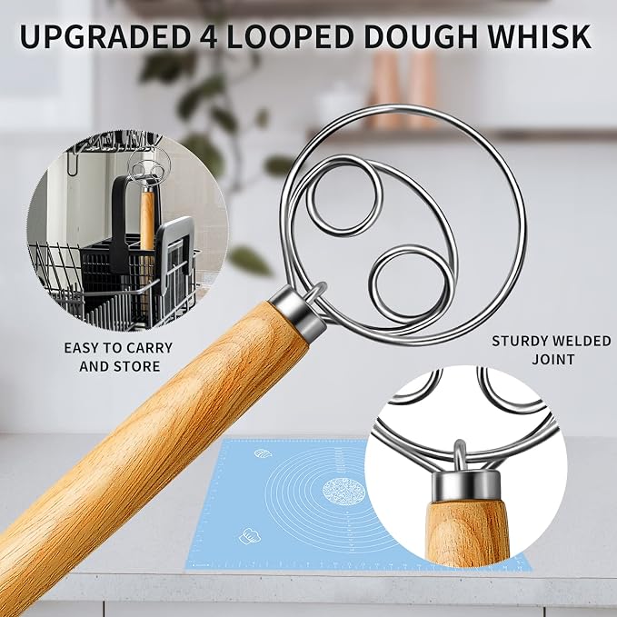 TEEVEA Danish Dough Whisk Stainless Steel Wooden Handle - Image 2