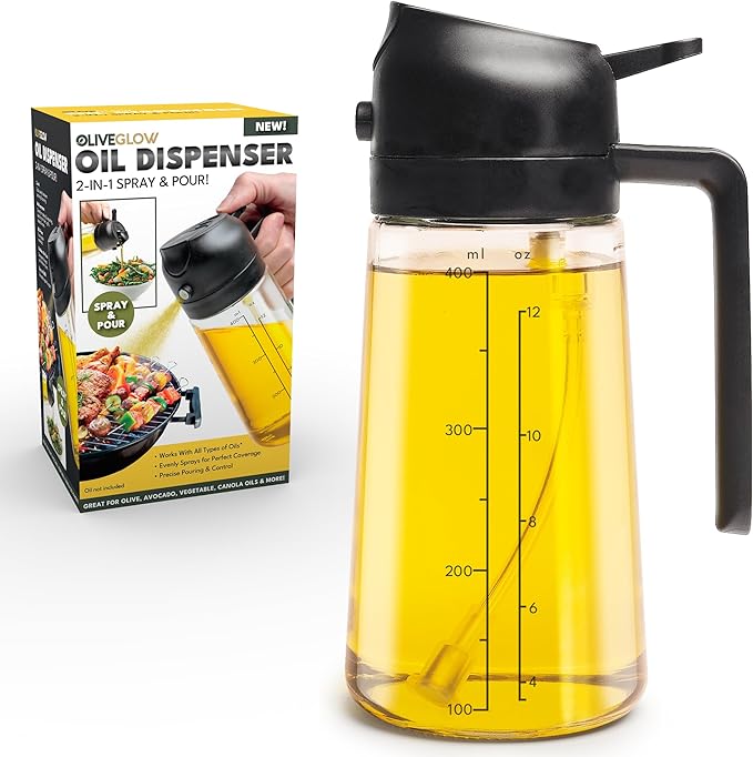 Olive Glow Cooking Oil Dispenser, 400 mL 2-in-1 Spray & Pour Glass Bottle by Ontel