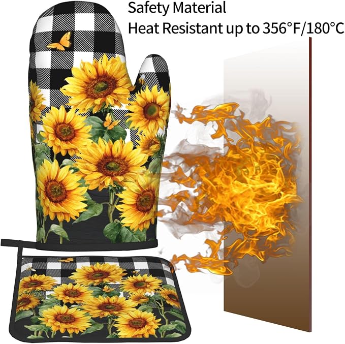 Sunflower Oven Mitts and Pot Holders Sets of 2 Buffalo Plaid Kitchen Mitts - Image 5